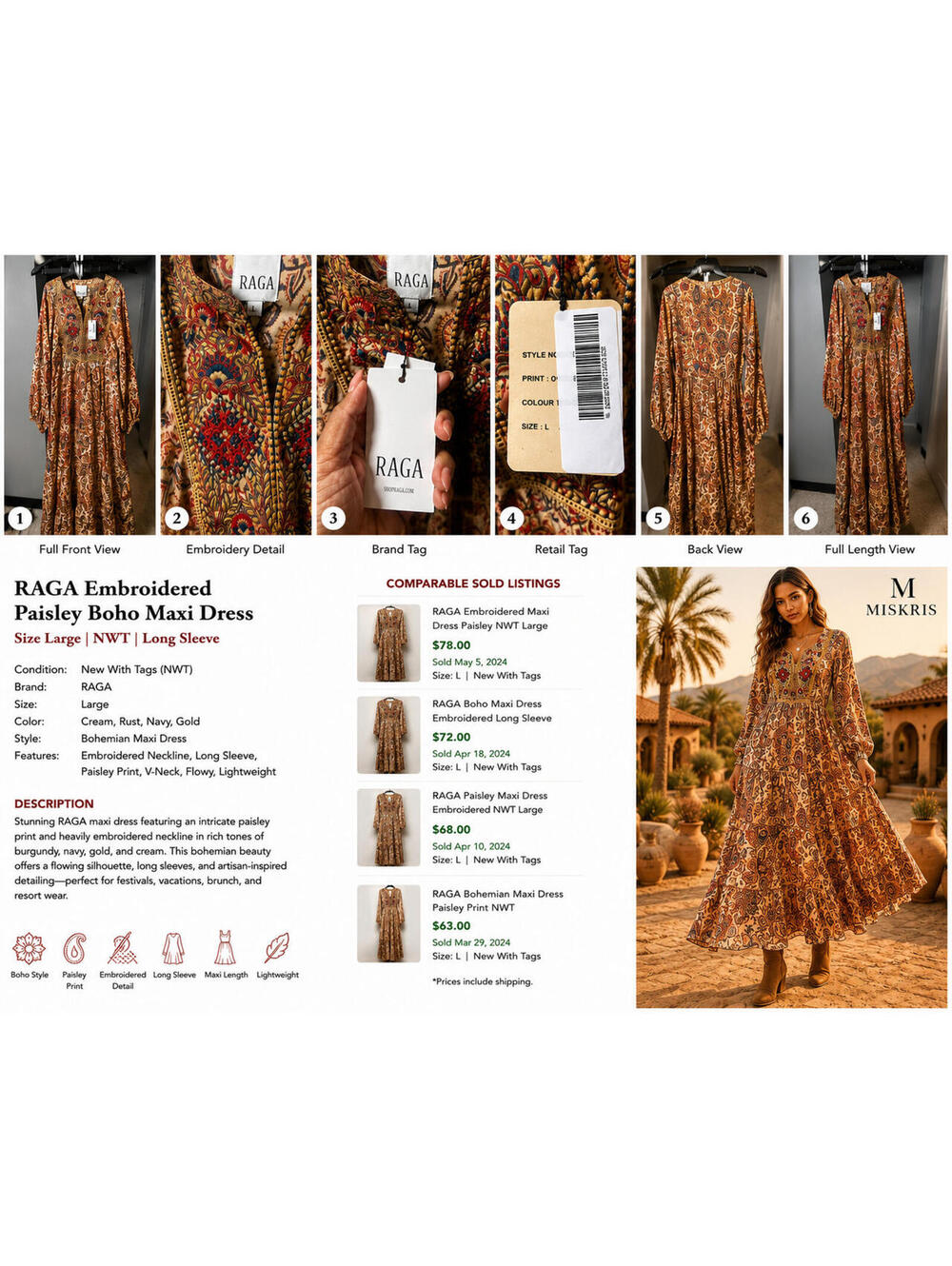 RAGA Embroidered Paisley Boho Maxi Dress Size Large NWT Long Sleeve Festival